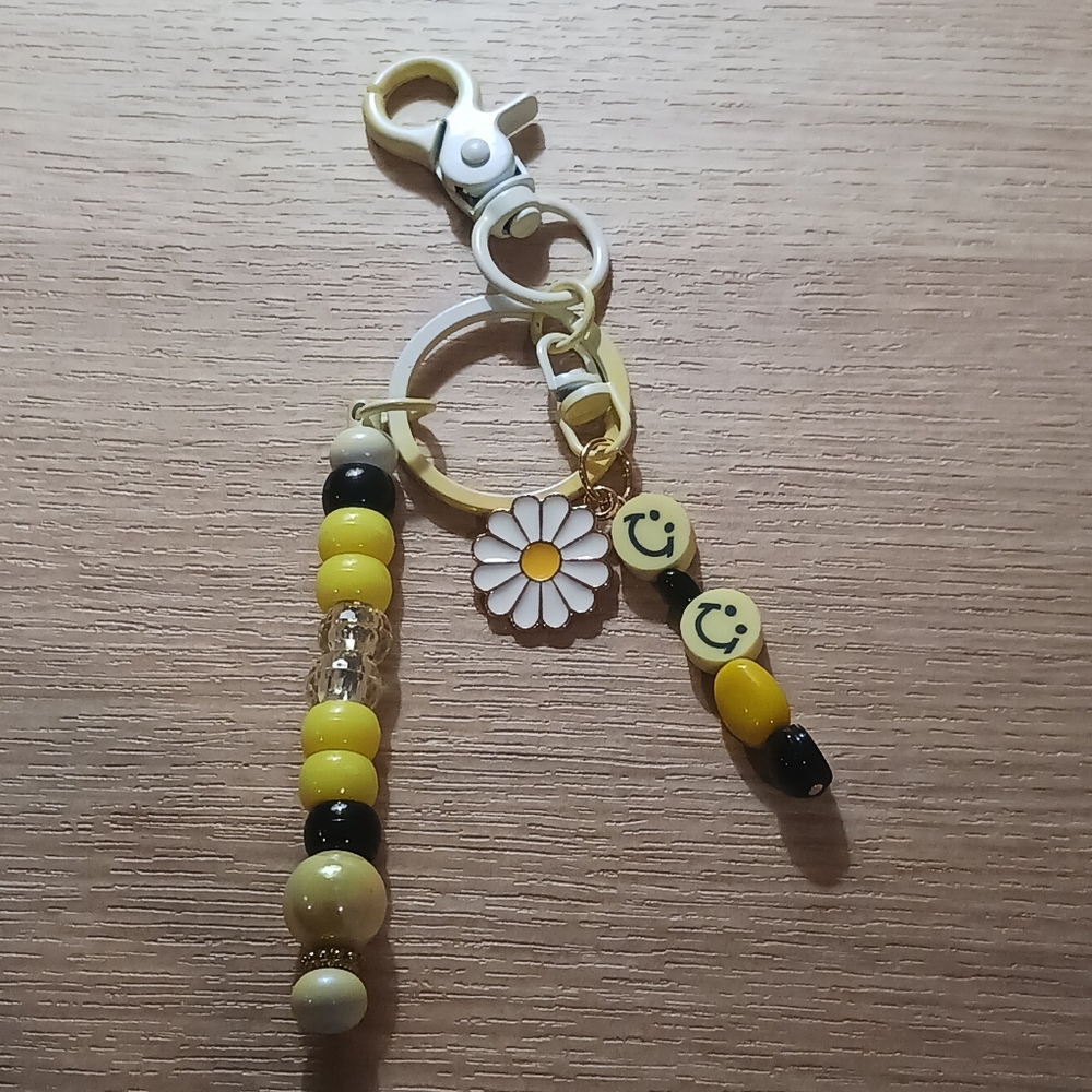 Yellow and Black Beaded Keychain with Smiley Faces